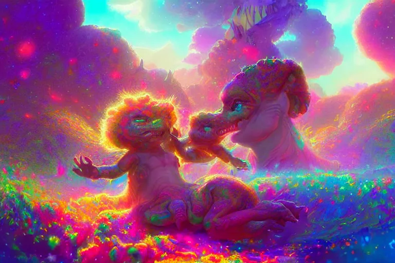 Image similar to a psychedelic realm made entirely out of love and acceptance and hypercolors. astral beings sharing love. cute smiling glowing skin glowing chibi style pixar baby dinosaurs in the style of greg rutkowski and wlop and lisa frank! and bob ross!!! and ruan jia, illustration, epic, fantasy, hyper detailed, smooth, unreal engine, sharp focus, ray tracing