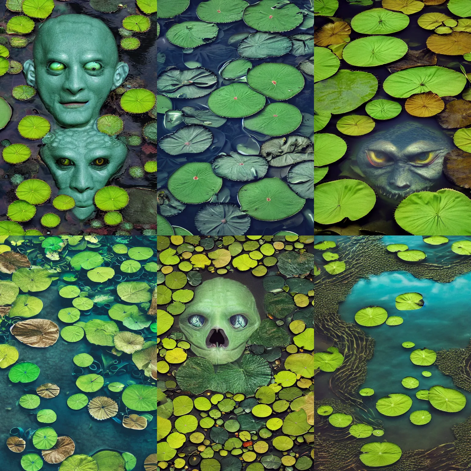 Prompt: photo of a reptilian face under the surface of shallow water, surrounded by lilypads, creepy, muted colors, high quality, 4k