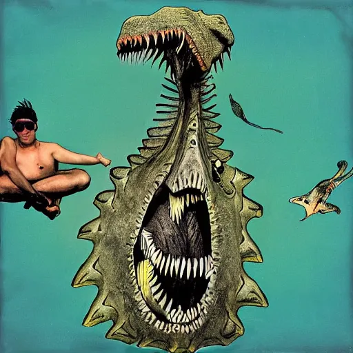 Image similar to nirvana nevermind album cover with a spinosaurus