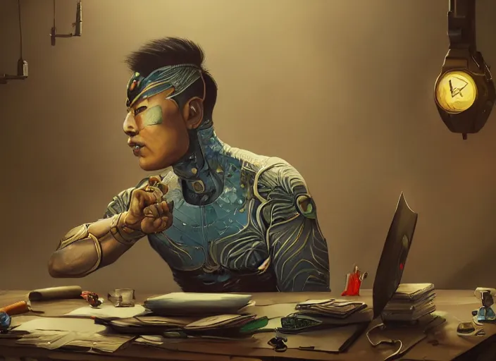 Image similar to an insanely detailed painting of an asian man wearing a homemade superhero costume, sitting at a desk, staring seriously at the computer and typing, in the style of peter mohrbacher, james jean, dramatic lighting and composition, surreal background, octane render, pixar, trending on artstation, concept art, comic book, view from behind, 8 k