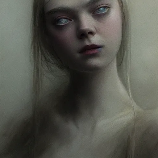 Image similar to Elle Fanning in a dark fantasy setting, intricate, smooth, artstation, painted by Wayne Barlowe, zdislav beksinski