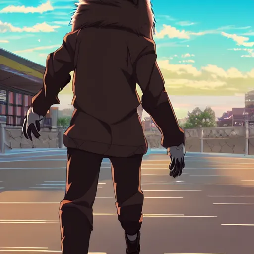 Prompt: key anime visual portrait of a handsome male anthro wolf furry fursona wearing a leather outfit as he walks outdoors in a city at sunset, official modern anime scene