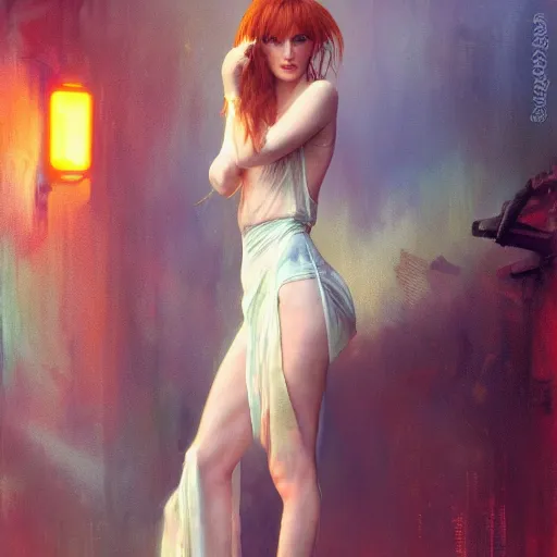 Prompt: bella thorne wearing nightgown, hyperrealistic full figure, bladerunner street alley, art of elysium by frank frazetta and by jeremy mann and by alphonse mucha, fantasy art, photo realistic, dynamic lighting, artstation, full figure poster, volumetric lighting, very detailed face, 4 k, award winning