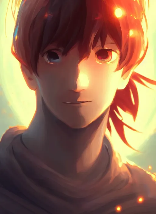 Image similar to a portrait of elemental light - kun with halo around his head, shiny, intricate, tone mapped, ambient lighting, highly detailed, digital painting, artstation, concept art, 4 k, god rays, stunning beautiful, glowing eyes, sharp focus, by makoto shinkai and akihiko yoshida and hidari and wlop