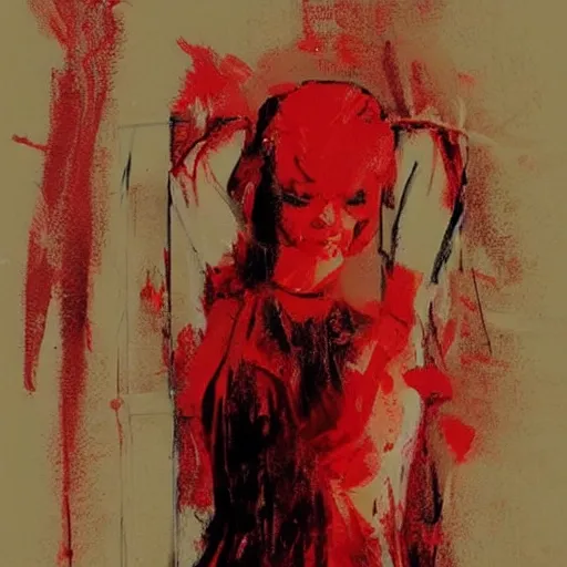 Image similar to full body portrait of margot robbie in the shape of red paint, artwork by guy denning and charlie bowater,