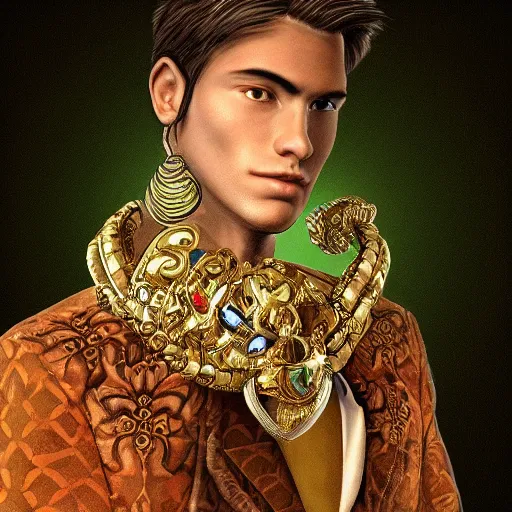 Image similar to a character model design of an extremely handsome young man wearing excessive jewelry in an ornate and elegant way