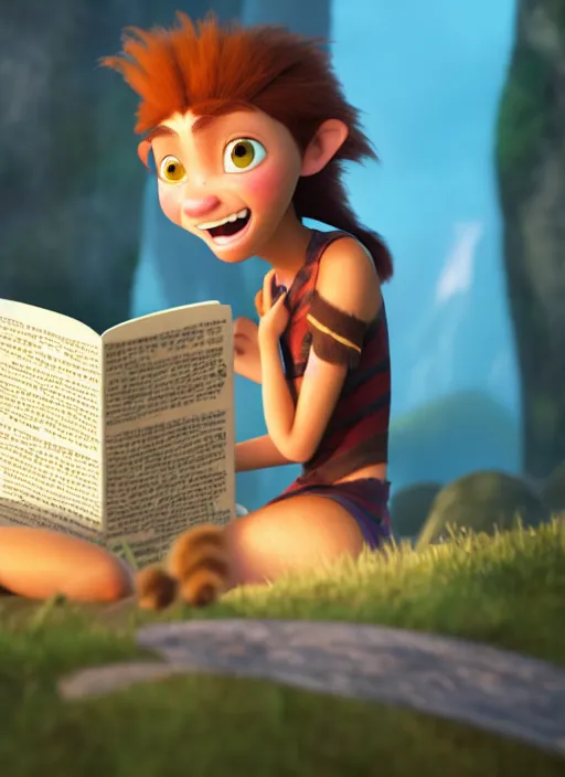 Prompt: a girl reading a book in the croods movie style, anime, disney, pixar, 8 k, hd, dof, kodak film, volumetric lighting, subsurface scattering, photorealistic, octane render, details