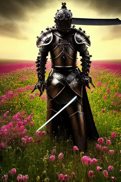 Image similar to hyperrealistic neo - gothic cinematic monster with armor holding sword in a field of flowers, highly detailed smooth digital art masterpiece, vitaly bulgarov dramatic low light, ground angle uhd 8 k, sharp focus