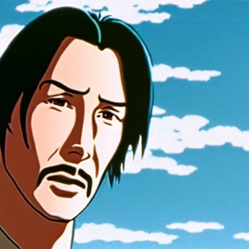 Image similar to a still of keanu reeves in castle in the sky ( 1 9 8 6 ) studio ghibli art style. hayao miyazaki imagination