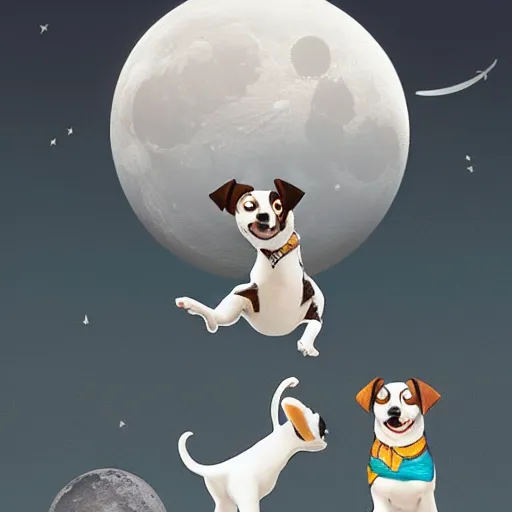 Image similar to cute jack black and white russel terrier jumping over a smiling moon, large round eyes, concept art, game art, character sheet, character design, by cory loftis and bill schwab