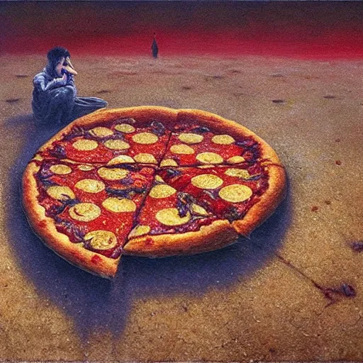 Prompt: pizza on the ground painted by beksinski, oil painting, high detail, moody, atmospheric light, 8 k, colorful