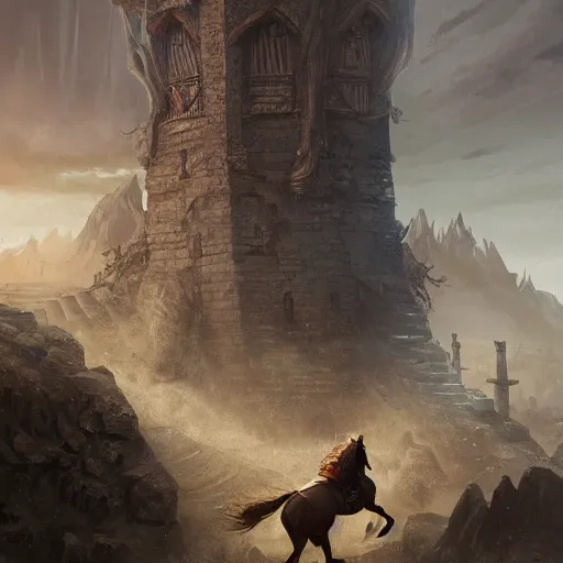 Image similar to a chess piece comes alive, the horse jumps over the ancient tower piece in the wooden chessboard, fantasy art, in the style of greg rutkowski, illustration, epic, fantasy, cinematic, intricate, hyper detailed, artstation, concept art, smooth, sharp focus, ray tracing