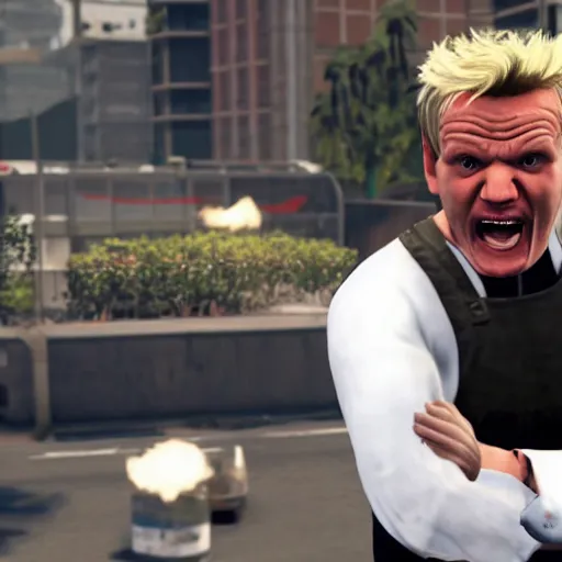 Prompt: still of gordon ramsey screaming at people in gta v