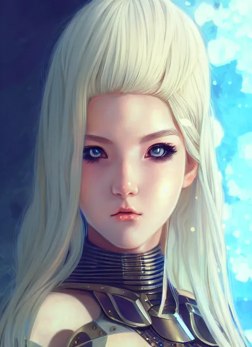 Prompt: portrait Anime girl in bikini armor, cute-fine-face, white-hair pretty face, realistic shaded Perfect face, fine details. Anime. realistic shaded lighting by Ilya Kuvshinov and ((((Gustav Klimt))))