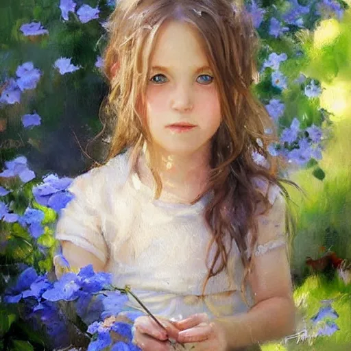 Image similar to a little girl with short wavy light brown hair and blue eyes sitting in a lovely garden. beautiful painting by raymond swanland, beautiful detailed face.