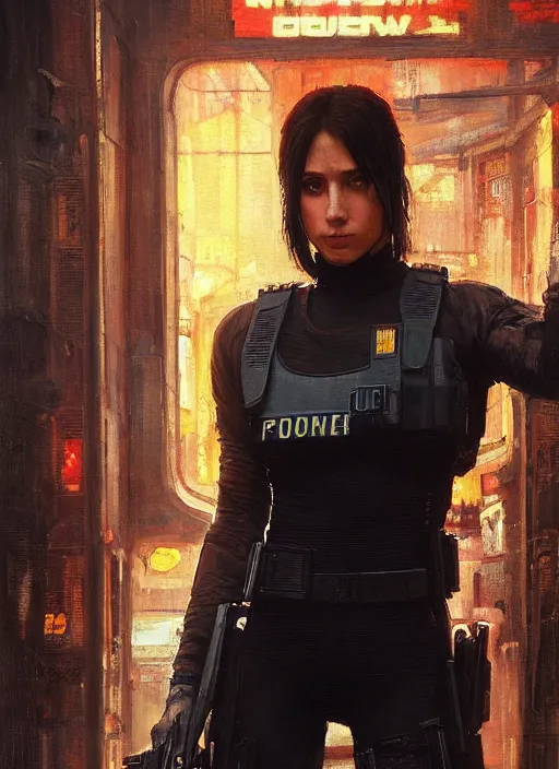 Image similar to 🤼♀. cyberpunk police trooper in a military vest ( blade runner 2 0 4 9, cyberpunk 2 0 7 7 ). orientalist portrait by john william waterhouse and james gurney and theodore ralli and nasreddine dinet, oil on canvas. cinematic, hyper realism, realistic proportions, dramatic lighting, high detail 4 k