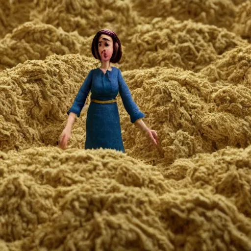 Image similar to a cinematic film still of a claymation stop motion film starring anne hathaway as female farmer, shallow depth of field, 8 0 mm, f 1. 8