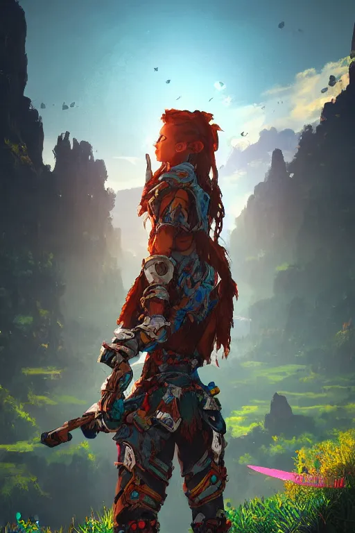 Image similar to combination suit armor aloy horizon forbidden west horizon zero dawn radiating a glowing aura global illumination ray tracing hdr fanart arstation by ian pesty and alena aenami artworks in 4 k tribal robot ninja mask helmet backpack