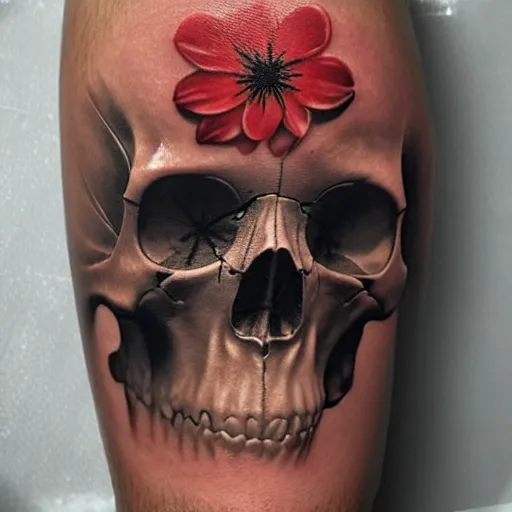 Prompt: photorealistic tattoo of a intrincated flower growing inside a skull, fine drawing, thin strokes dmitriy samohin