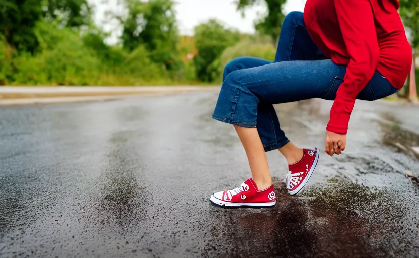 Image similar to side view of the legs of a woman sitting on a curb, very short pants, wearing red converse shoes, wet aslphalt road after rain, blurry background, sigma 8 5 mm