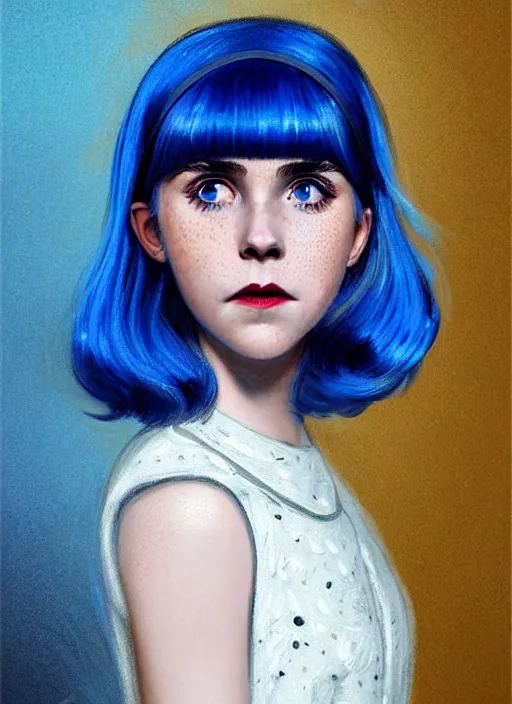 Image similar to portrait of kiernan shipka with freckles, white hair, 1 9 6 0 s bob hairstyle with bangs and hairband, blue 1 9 6 0 s dress, intricate, elegant, glowing lights, highly detailed, digital painting, artstation, concept art, smooth, sharp focus, illustration, art by wlop, mars ravelo and greg rutkowski