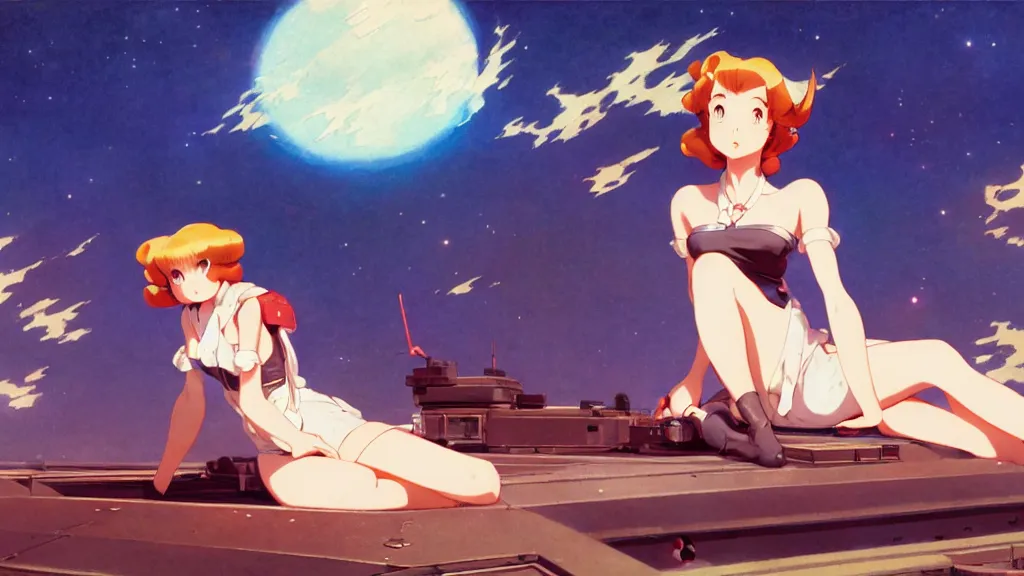 Prompt: a film still of a 1 9 5 0's sci fi anime girl sitting on the roof of flying ufo landing, sharp face focus, full body mid shot, perfect art, trending on pixiv fanbox, painted by gaston bussiere, makoto shinkai, akihiko yoshida, gaston bussiere, craig mullins