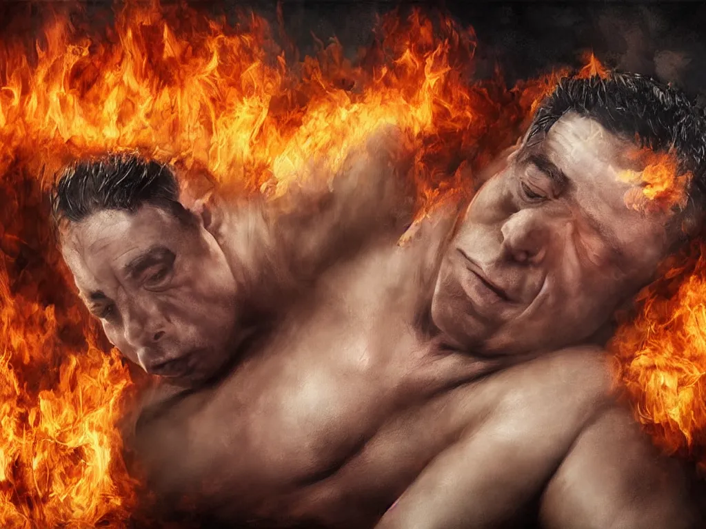 Image similar to extremely detailed digital painting of till lindemann lying on a burning bed, stunning scene, 4 k, realism, bright colors, trending on artstation