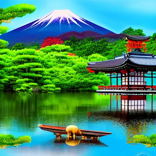 Prompt: japanese landscape, temple, mountains in distance, lake with japanese creatures in front, digital art, high quality