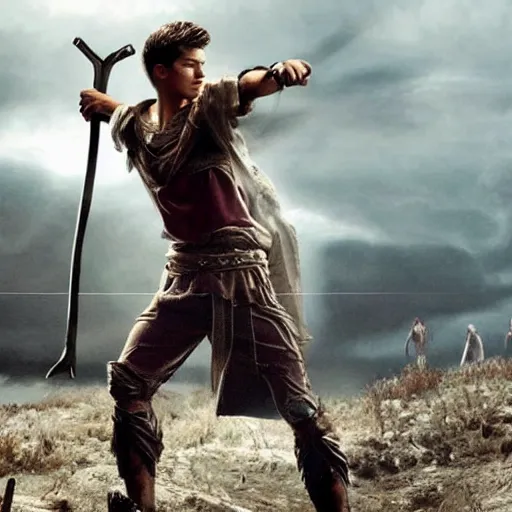 Image similar to handsome 17 year old boy in a Biblical outfit holding a slingshot to fight against the giant Goliath, epic, cinematic lighting, directed by Zack Snyder