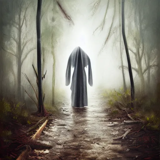 Prompt: ominous bedsheet ghost standing near train tracks in the forest, oil painting, brush strokes, gloomy foggy atmosphere, symmetrical, full body image, highly ornate intricate details,