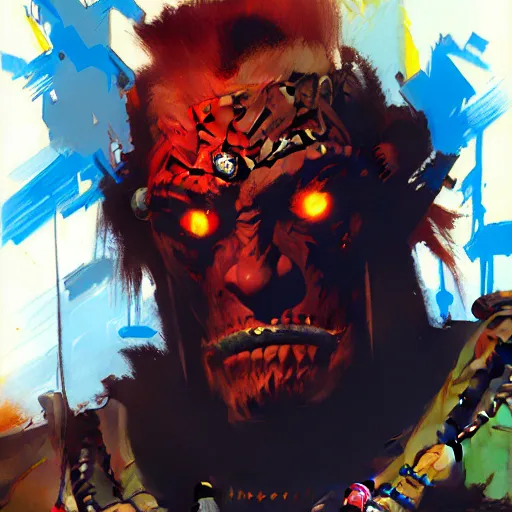 Prompt: Creepy colorful John Berkey portrait of Ganondorf (The Legend of Zelda) by Craig Mullins, straight-on view