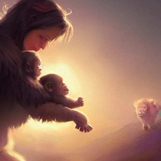 Prompt: Human mother holding her adorable fuzzy mountain gorilla baby, by Greg Rutkowski and Thomas Kinkade, trending on artstation 4k, dramatic lighting.