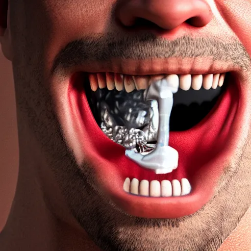 Image similar to extreme closeup photo of a man with a very wide open mouth with a skull inside his mouth, 3D render,subsurface scattering,global illumination,raytracing,studio lighting,cinematic,photorealistic,4k, UHD, HDR