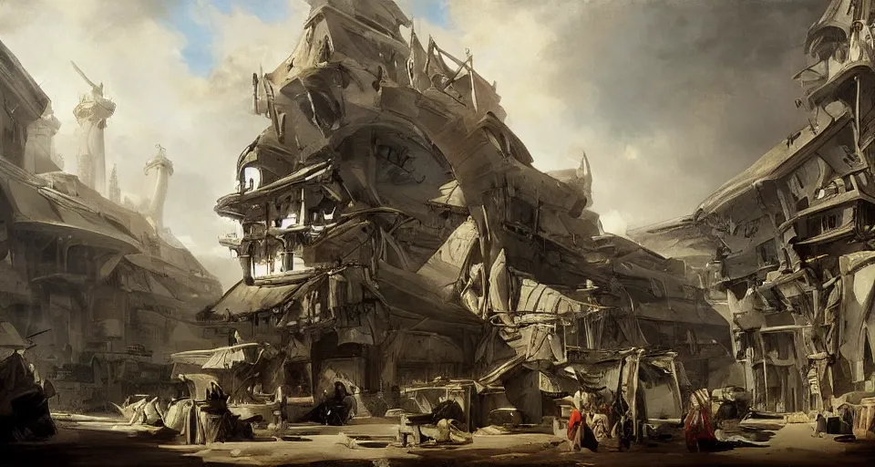 Prompt: painting zaha hadid building by hubert robert very very detailed cinematic peasants