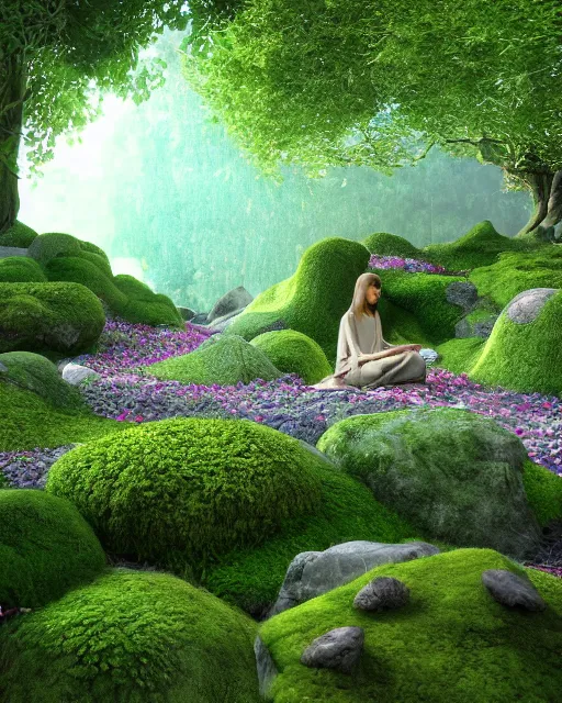 Image similar to hyper realistic render of a heavenly garden of peace, filled with trees, stone slab, flowers, moss, ferns, a girl meditating at a distance, trending on artstation, volumetric lighting, hyper realistic, hyper detailed, high quality render, blender guru