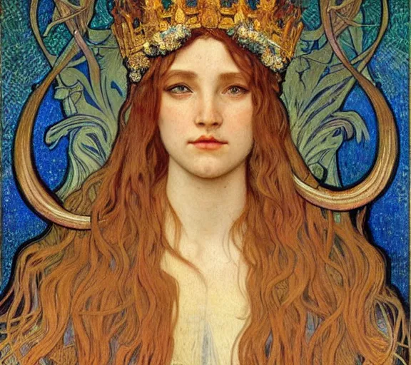 Image similar to detailed realistic beautiful young medieval queen face portrait by jean delville, alphonse mucha, vincent van gogh, and marco mazzoni, art nouveau, symbolist, visionary, gothic, pre - raphaelite
