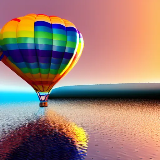 Image similar to A 3D render of a rainbow colored hot air balloon flying above a reflective lake