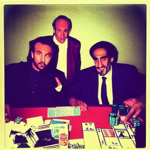 Image similar to “80’s Polaroid flash photo, Saul Goodman and Osama Bin Laden playing poker”