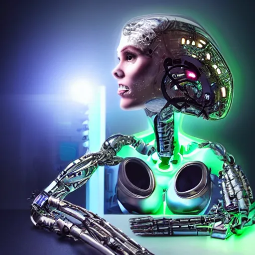 Image similar to the torso of fully a mechanical terminator lady with borg implants, human face and robotic snakes coming out of her head is hanging from cables and wires off the ceiling of an futuristic computer lab and plugged into a quantum computer. Her bottom half is missing with cables hanging out. She is taking a sip from a cup of coffee. Tiny green led lights in her cybernetics. very detailed 8k. Cyberpunk horror style.