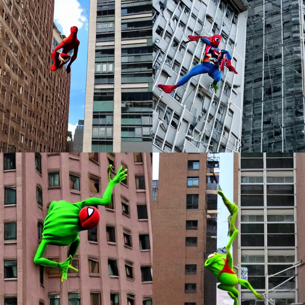 Prompt: Kermit swings from building to building like Spiderman