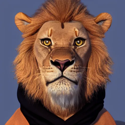 Image similar to Portrait of Young Simba, dressed black hoodie, digital art, ultrarealistic, artstation, 8k, hyperdetalied, high quality, high render