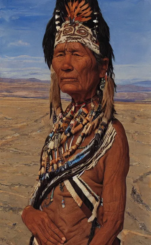 Image similar to full body shot picture of indigenous people woman leader in desert, painted by lucian freud, hd, super detailed, realistic, muted colors