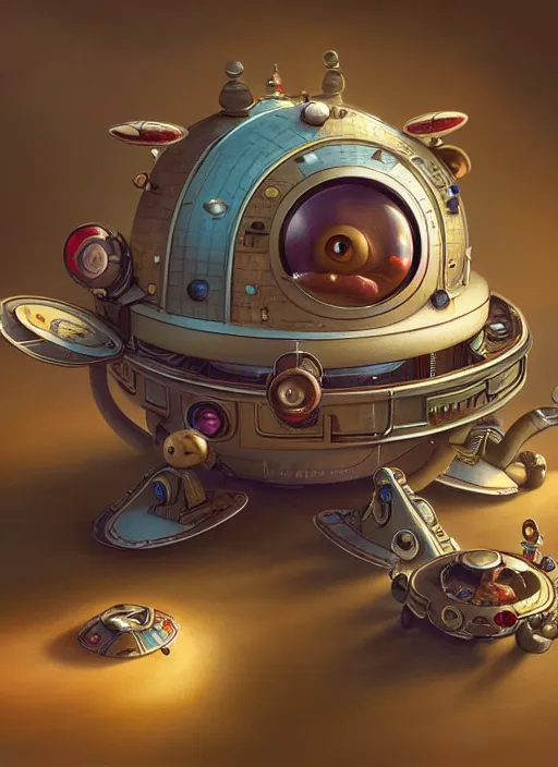 Image similar to highly detailed closeup portrait of a cute tin toy retro saucer spaceship, nicoletta ceccoli, mark ryden, lostfish, earl nore, hyung tae, frank frazetta, global illumination, god rays, detailed and intricate environment