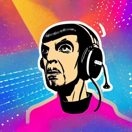 Image similar to svg sticker of a Pop-Wonder Captain-Spock-Star-Trek at a rave, spinning records, giant headphones rocking out, wearing headphones, huge speakers, dancing, rave, DJ, spinning records, digital art, amazing composition, rule-of-thirds, award-winning, trending on artstation, featured on deviantart