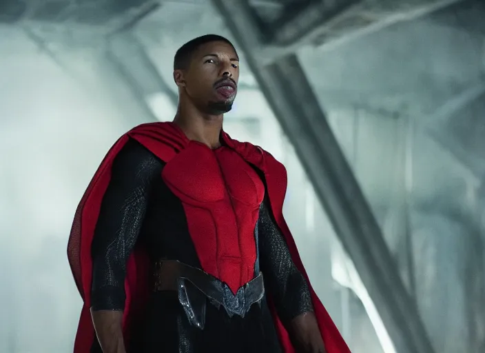 Image similar to film still of michael b jordan as spawn in the new spawn movie, giant chains, large cape, 8 k