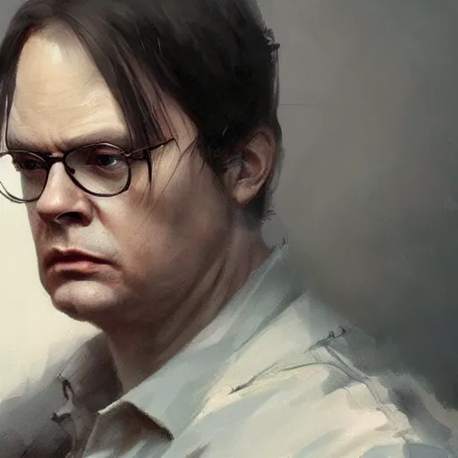 Prompt: portrait of Dwight Schrute, art by greg rutkowski, matte painting, trending on artstation