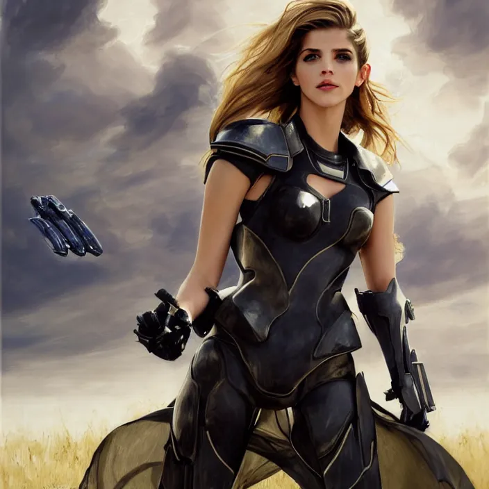 Image similar to portrait of a combination of Ashley Greene, Katheryn Winnick, Victoria Justice, Adriana Dxim, Grace Kelly and Emma Watson wearing Interceptor's armor from Anthem, countryside, calm, fantasy character portrait, dynamic pose, above view, sunny day, thunder clouds in the sky, artwork by Jeremy Lipkin and Giuseppe Dangelico Pino and Michael Garmash and Rob Rey and Greg Manchess and Huang Guangjian, very coherent asymmetrical artwork, sharp edges, perfect face, simple form, 100mm