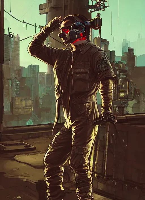 Prompt: Brave Vernon. Careful cyberpunk hacker wearing a cyberpunk headset, military vest, and jumpsuit. scarred face. Realistic Proportions. Concept art by James Gurney and Laurie Greasley. Moody Industrial skyline. ArtstationHQ. Creative character design for cyberpunk 2077.
