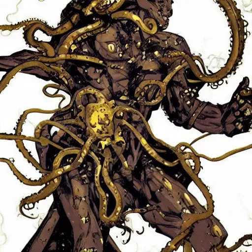 Image similar to All powerful Omnipotent, stunning beauty, young male, norse sun god, painted face, battle damaged, muscled torso, wearing golden robe of thin tentacles, wires, dystopian, dark ambience, in the style of Ashley Wood,