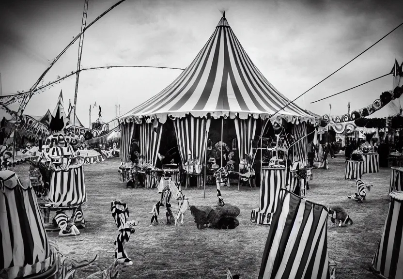 Image similar to a circus tent in an evil carnival in the style of tim burton